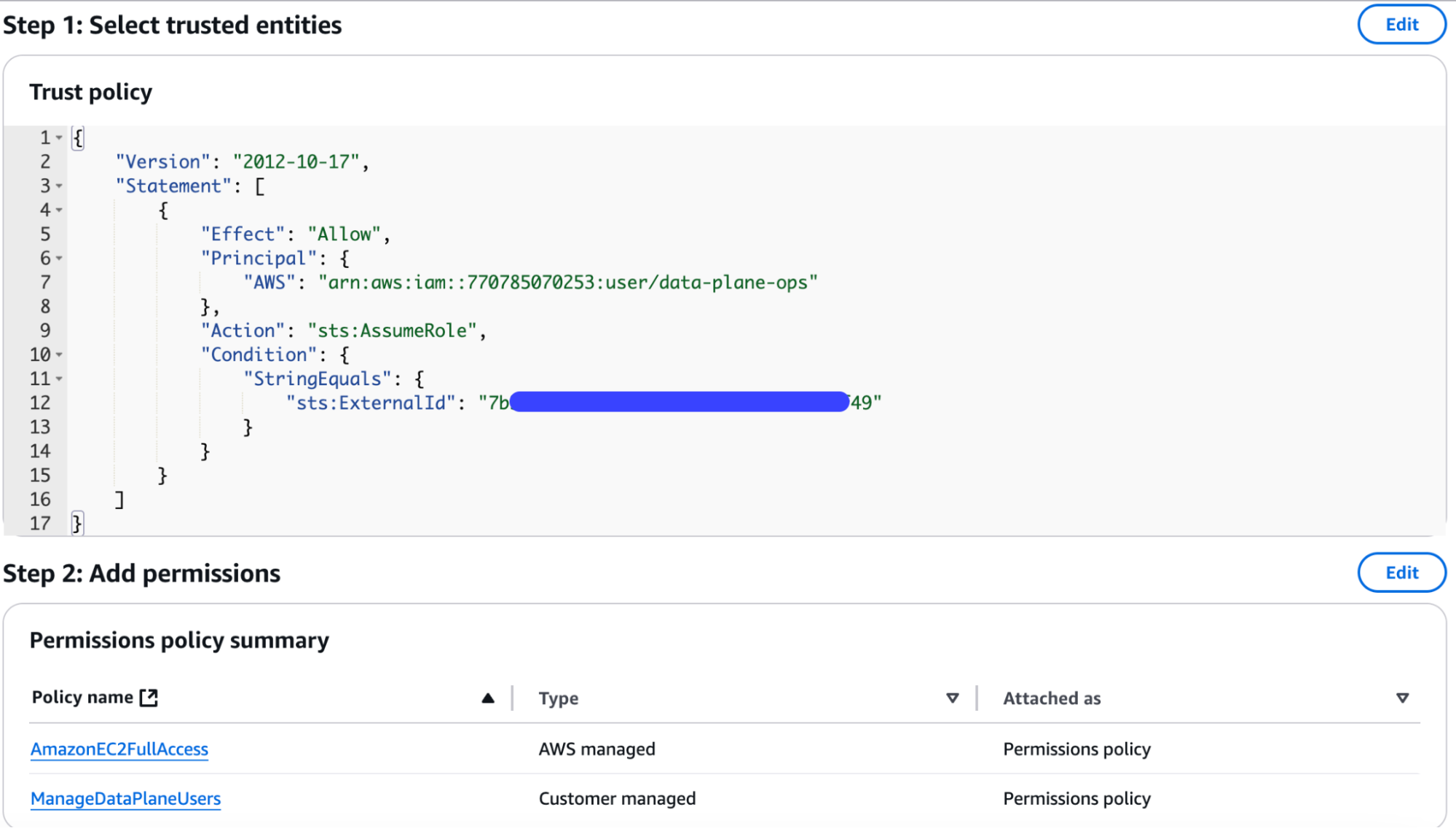 Summary of the AWS trust policy and permissions