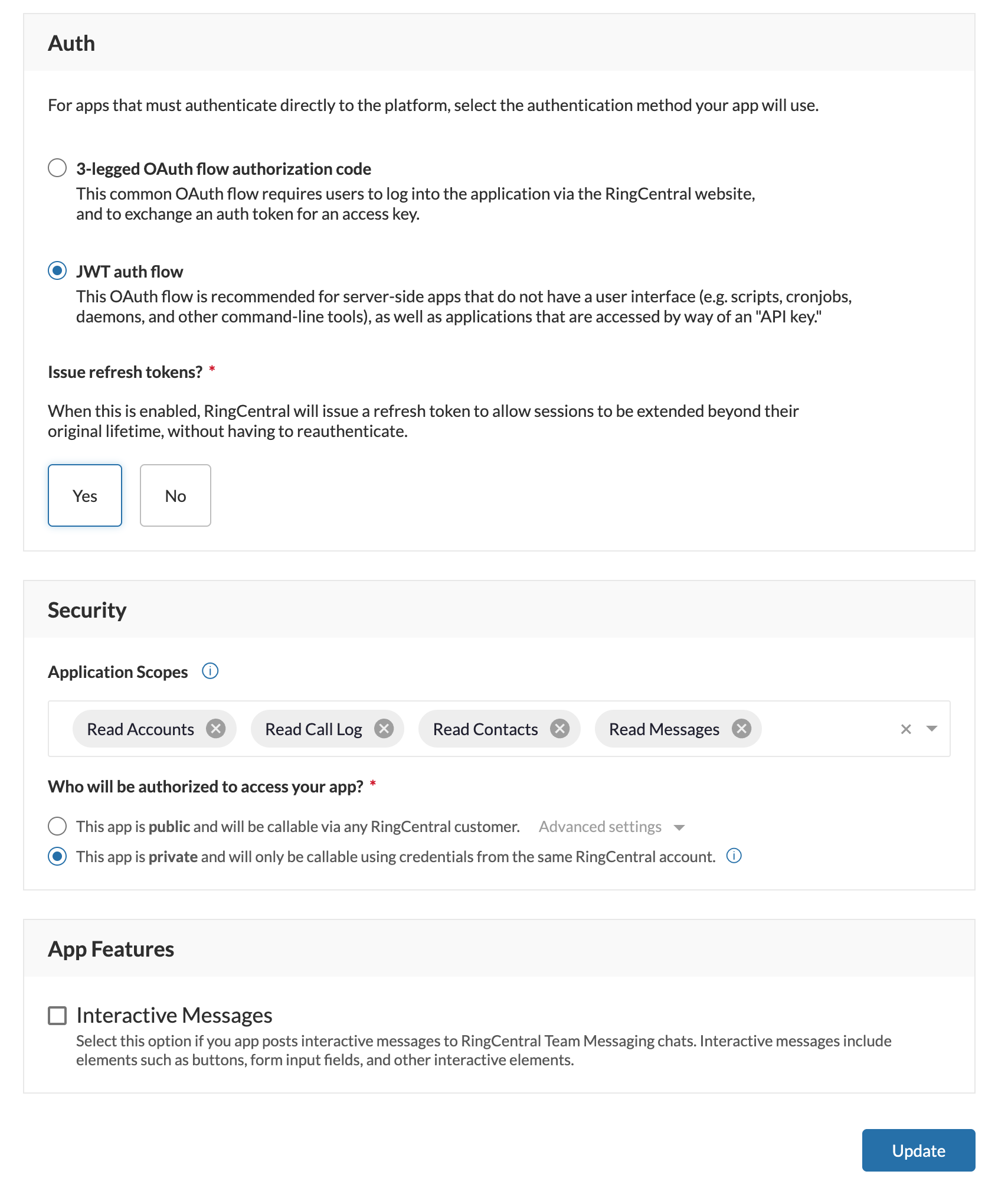App configuration with JWT auth flow selected