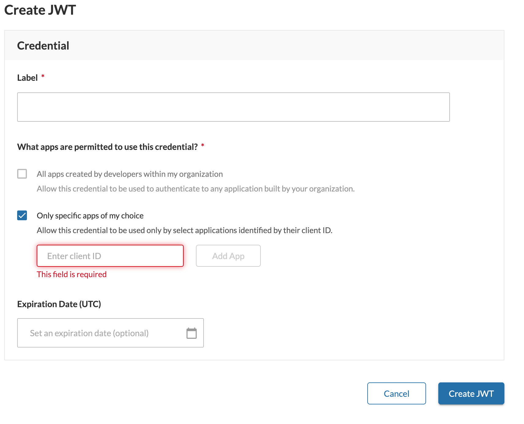 Create JWT form with app authorization